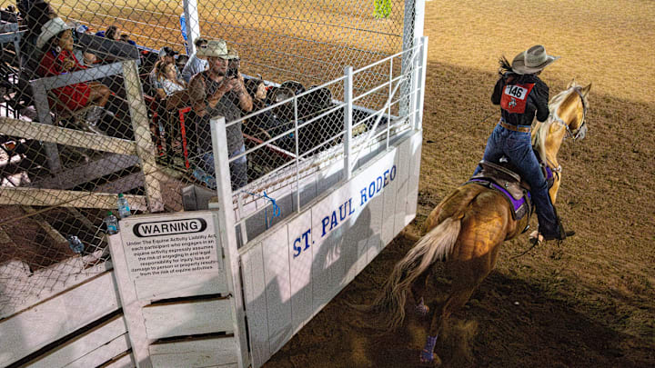 LaTricia Duke from Zephyr, Texas, competes in the WPRA barrel race during the 88th annual St. Paul Rodeo on Tuesday, July 2, 2024, in St. Paul, Ore.