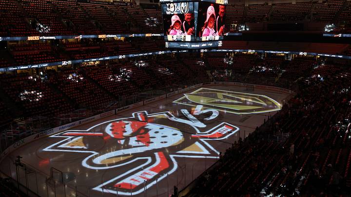 May 14, 2026; Anaheim, California, USA; General view of the arena before game six of the second round of the 2026 Stanley Cup Playoffs between the Anaheim Ducks and the Vegas Golden Knights at Honda Center. Mandatory Credit: Kiyoshi Mio-Imagn Images