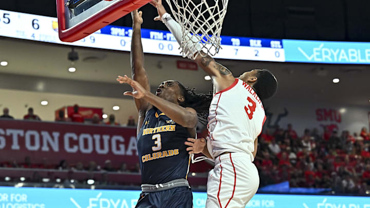 Nov 7, 2022; Houston, Texas, USA; Houston Cougars guard Ramon Walker Jr. (3) blocks a lay-up from Northern Colorado Bears guard Langston Reynolds (3) during the first half at Fertitta Center. Mandatory Credit: Maria Lysaker-Imagn Images Nov 7, 2022; Houston, Texas, USA; Houston Cougars guard Ramon Walker Jr. (3) blocks a lay-up from Northern Colorado Bears guard Langston Reynolds (3) during the first half at Fertitta Center. Mandatory Credit: Maria Lysaker-Imagn Images