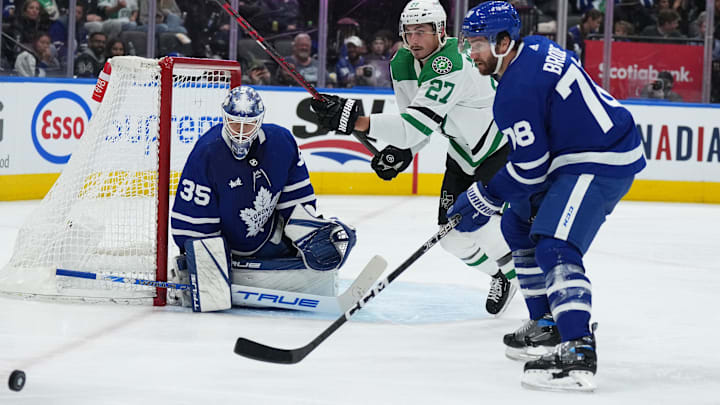 Oct 20, 2022; Toronto, Ontario, CAN; Toronto Maple Leafs defenseman TJ Brodie (78) battles for the