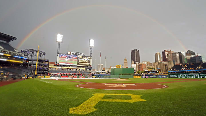 A rainbow forms over the ballpark after a weather-related delay during the second inning between the San Diego Padres and the Pittsburgh Pirates at PNC Park. 