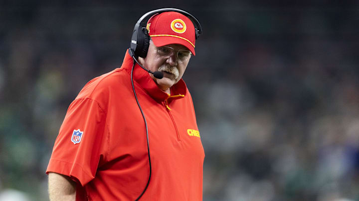 Feb 9, 2025; New Orleans, LA, USA;  Kansas City Chiefs head coach Andy Reid against the Philadelphia Eagles in Super Bowl LIX at Ceasars Superdome. Mandatory Credit: Mark J. Rebilas-Imagn Images