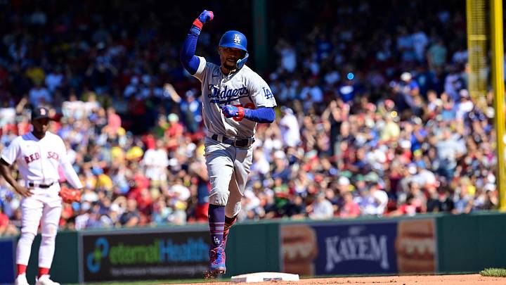 Aug 27, 2023; Boston, Massachusetts, USA; Los Angeles Dodgers second baseman Mookie Betts (50) celebrates his home run against the Boston Red Sox during the sixth inning at Fenway Park. Mandatory Credit: Eric Canha-USA TODAY Sports Aug 27, 2023; Boston, Massachusetts, USA; Los Angeles Dodgers second baseman Mookie Betts (50) celebrates his home run against the Boston Red Sox during the sixth inning at Fenway Park. Mandatory Credit: Eric Canha-USA TODAY Sports