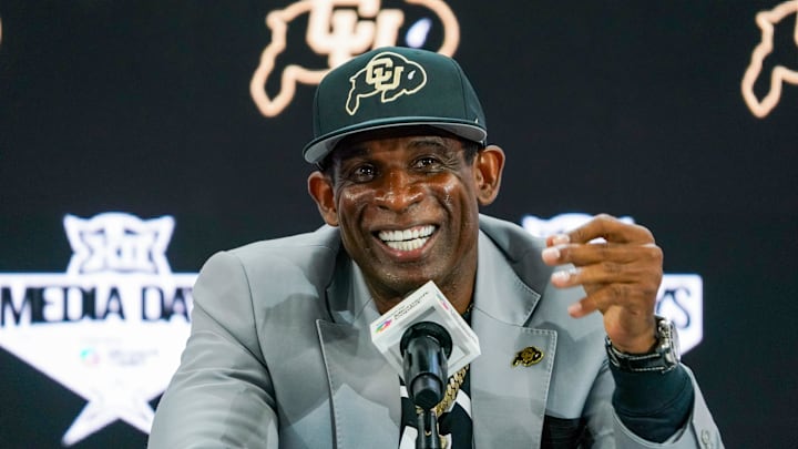 Jul 9, 2025; Frisco, TX, USA; Colorado head coach Deion Sanders speaks with the media during 2025 Big 12 Football Media Days at The Star. Mandatory Credit: Raymond Carlin III-Imagn Images