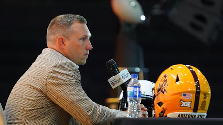 Jul 8, 2025; Frisco, TX, USA; Arizona State head coach Kenny Dillingham addresses the media during 2025 Big 12 Football Media Days at The Star. Mandatory Credit: Raymond Carlin III-Imagn Images