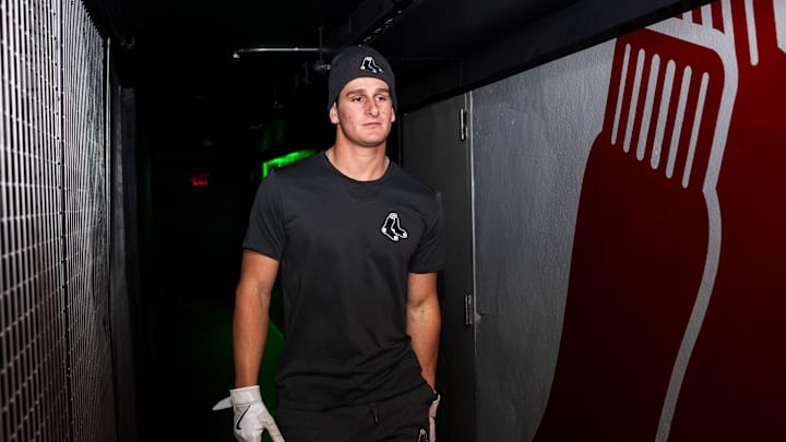 Top Red Sox prospect Roman Anthony walks toward the batting cage Tuesday at Fenway Park. Top Red Sox prospect Roman Anthony walks toward the batting cage Tuesday at Fenway Park.