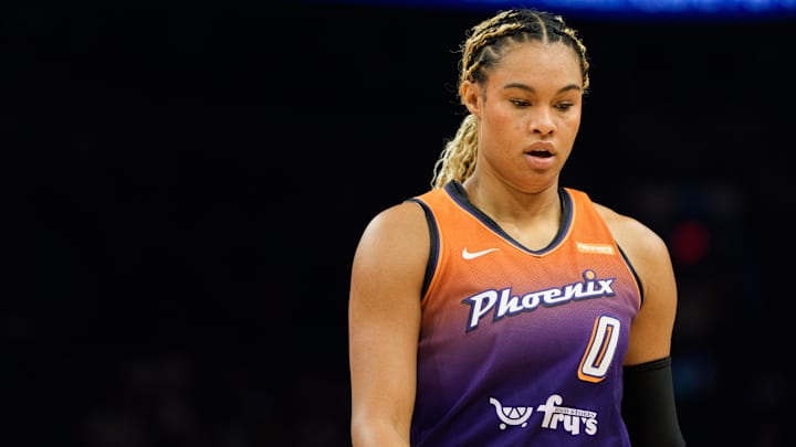 Sep 14, 2025; Phoenix, Arizona, USA; Phoenix Mercury forward Satou Sabally (0) reacts between plays in the first half against the New York Liberty during game one of the 2025 WNBA Playoffs round one at PHX Arena. Mandatory Credit: Allan Henry-Imagn Images