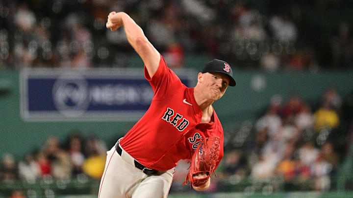 Sep 27, 2024; Boston, Massachusetts, USA; Boston Red Sox starting pitcher Nick Pivetta (37) pitches against the Tampa Bay Rays during first inning at Fenway Park. Mandatory Credit: Eric Canha-Imagn Images