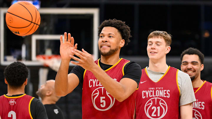 Mar 19, 2026; St. Louis, MO, USA; Iowa State Cyclones forward Joshua Jefferson (5) receives a pass during a practice session ahead of the first round of the men's 2026 NCAA Tournament at Enterprise Center.