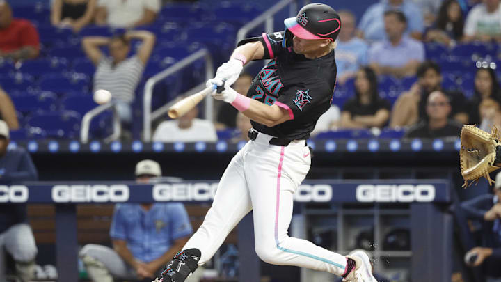 May 17, 2025; Miami, Florida, USA;  Miami Marlins right fielder Kyle Stowers (28) at bat against the Tampa Bay Rays during the first inning at loanDepot Park.