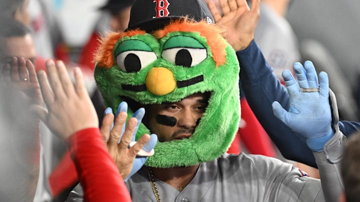 Apr 27, 2026; Toronto, Ontario, CAN;  Boston Red Sox catcher Carlos Narvaez (75) celebrates with team mates in the dugout after hitting a solo home run against the Toronto Blue Jays in the eighth inning at Rogers Centre. Mandatory Credit: Dan Hamilton-Imagn Images