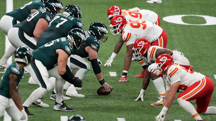 Feb 9, 2025; New Orleans, LA, USA; Philadelphia Eagles center Cam Jurgens (51) gets ready to snap the ball against the Kansas City Chiefs defense during the second quarter in Super Bowl LIX at Caesars Superdome. Mandatory Credit: Kirby Lee-Imagn Images
