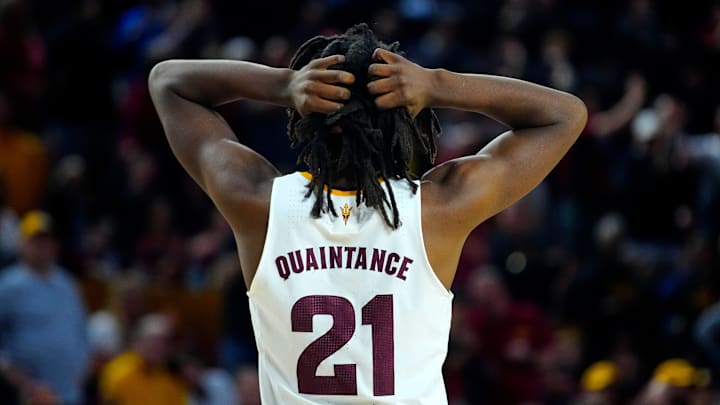 ASU center Jayden Quaintance (21) reacts after his fifth foul against Iowa State during a game at Desert Financial Arena in Tempe on Jan. 25, 2025.