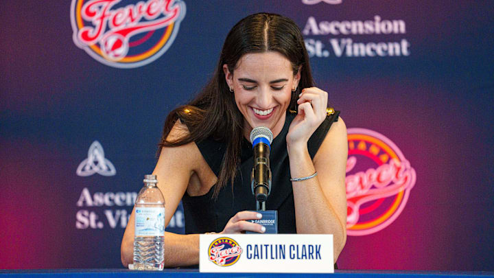 Indiana Fever's Caitlin Clark, former Iowa Hawkeye standout and the no. 1 pick in the 2024 WNBA draft, speaks Wednesday, April 17, 2024, during an introductory press conference inside the entry pavilion at Gainbridge Fieldhouse. Indiana Fever's Caitlin Clark, former Iowa Hawkeye standout and the no. 1 pick in the 2024 WNBA draft, speaks Wednesday, April 17, 2024, during an introductory press conference inside the entry pavilion at Gainbridge Fieldhouse.
