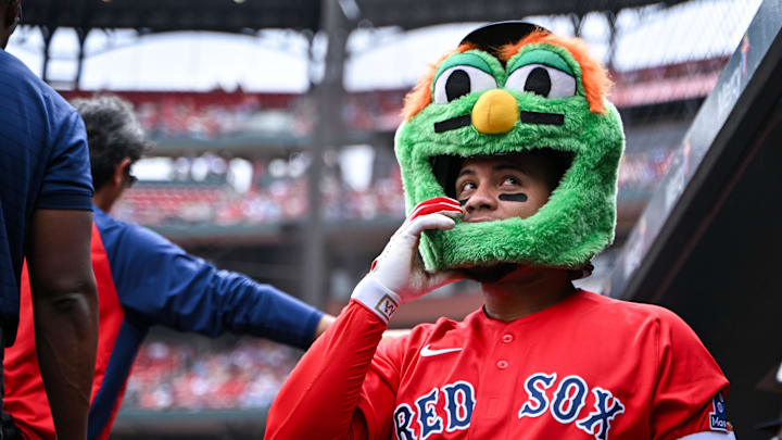 Apr 12, 2026; St. Louis, Missouri, USA; Boston Red Sox first baseman Willson Contreras (40) wears the green monster mask after hitting a two run home run against the St. Louis Cardinals during the first inning at Busch Stadium. Mandatory Credit: Jeff Curry-Imagn Images Apr 12, 2026; St. Louis, Missouri, USA; Boston Red Sox first baseman Willson Contreras (40) wears the green monster mask after hitting a two run home run against the St. Louis Cardinals during the first inning at Busch Stadium. Mandatory Credit: Jeff Curry-Imagn Images
