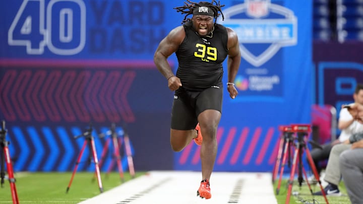 Feb 27, 2025; Indianapolis, IN, USA; Indiana defensive lineman CJ West (DL39) participates in drills during the 2025 NFL Combine at Lucas Oil Stadium. Mandatory Credit: Kirby Lee-Imagn Images
