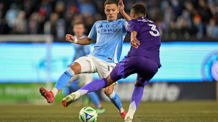 Mar 8, 2025; New York, New York, USA; New York City FC midfielder Hannes Wolf (17) defends the ball against Orlando City defender Rafael Santos (3) during the second half at Yankee Stadium. Mandatory Credit: Mark Smith-Imagn Images