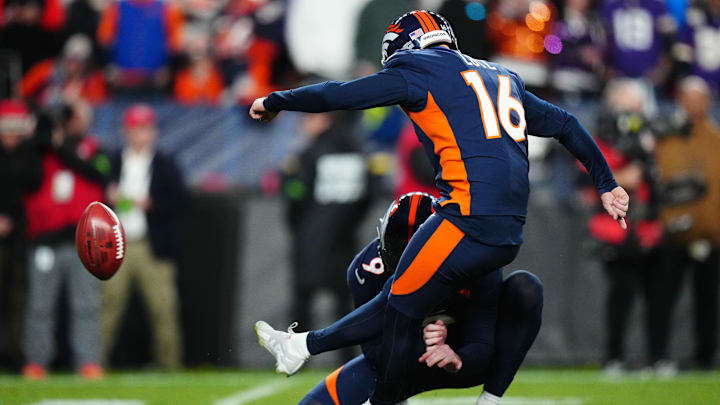 Nov 19, 2023; Denver, Colorado, USA; Denver Broncos place kicker Wil Lutz (16) kicks a field goal