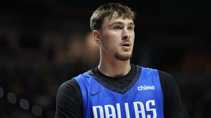 Jul 12, 2025; Las Vegas, NV, USA; Dallas Mavericks forward Cooper Flagg (32) looks on Jul 12, 2025; Las Vegas, NV, USA; Dallas Mavericks forward Cooper Flagg (32) looks on