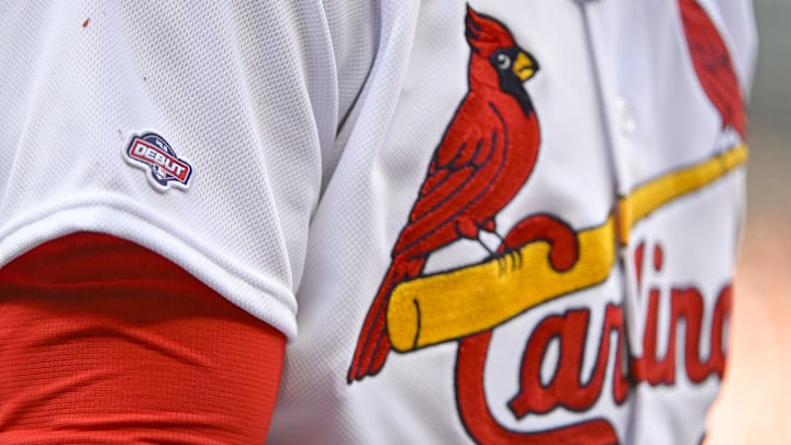 Mar 30, 2023; St. Louis, Missouri, USA;  A detailed view of the MLB debut patch on the jersey of St. Louis Cardinals right fielder Jordan Walker (18) during the sixth inning against the Toronto Blue Jays at Busch Stadium. Mandatory Credit: Jeff Curry-Imagn Images