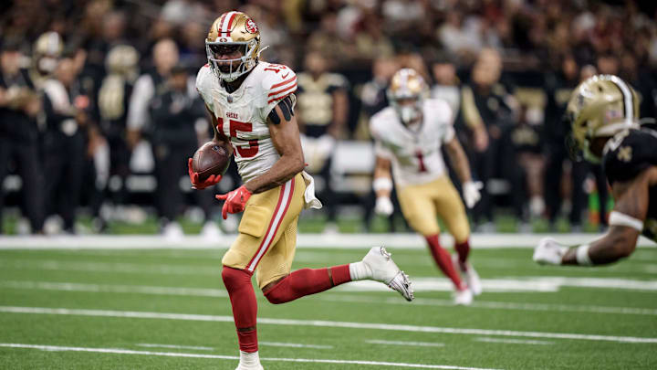 Sep 14, 2025; New Orleans, Louisiana, USA; San Francisco 49ers wide receiver Jauan Jennings (15) runs to the end zone after a reception against the New Orleans Saints during the fourth quarter at Caesars Superdome. Mandatory Credit: Matthew Hinton-Imagn Images Sep 14, 2025; New Orleans, Louisiana, USA; San Francisco 49ers wide receiver Jauan Jennings (15) runs to the end zone after a reception against the New Orleans Saints during the fourth quarter at Caesars Superdome. Mandatory Credit: Matthew Hinton-Imagn Images