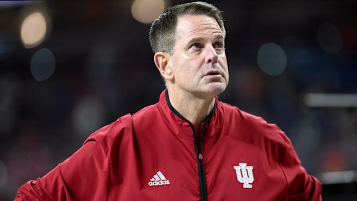 Indiana Hoosiers head coach Curt Cignetti looks on before the 2025 Big Ten championship game against the Ohio State Buckeyes at Lucas Oil Stadium. 