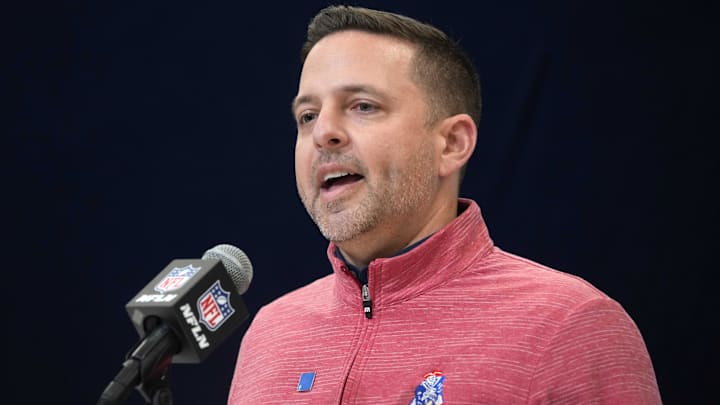 Feb 27, 2025; Indianapolis, IN, USA; New England Patriots general manager Eliot Wolf speaks during the 2025 NFL Scouting Combine at the Indiana Convention Center. Mandatory Credit: Kirby Lee-Imagn Images