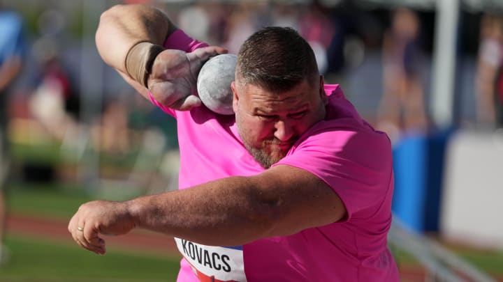 Joe Kovacs throws the shot put at the 2025 U.S. Olympic Team Trials at Hayward Field in Oregon. 