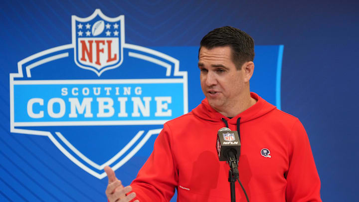 Feb 25, 2025; Indianapolis, IN, USA; New York Giants general manager Joe Schoen sspeaks during the NFL Scouting Combine at the Indiana Convention Center.  