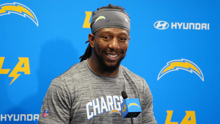 May 29, 2024; Costa Mesa, CA, USA; Los Angeles Chargers linebacker Bud Dupree at press conference during organized team activities at Hoag Performance Center. Mandatory Credit: Kirby Lee-Imagn Images