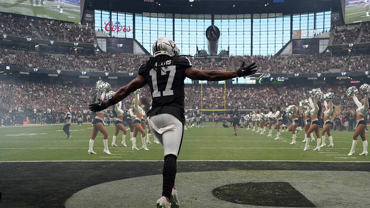 Sep 22, 2024; Paradise, Nevada, USA; Las Vegas Raiders wide receiver Davante Adams (17) enters the field before the game against the Carolina Panthers at Allegiant Stadium. Mandatory Credit: Kirby Lee-Imagn Images