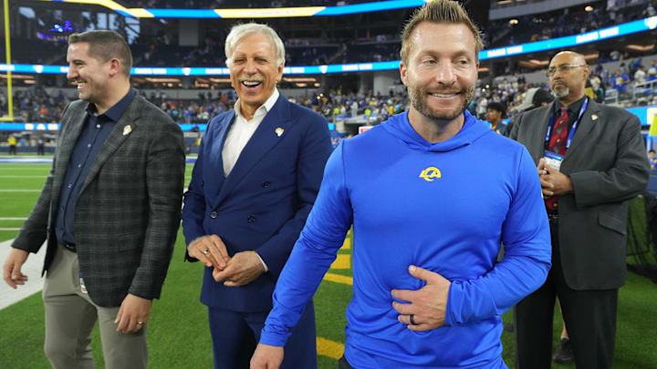 Dec 3, 2023; Inglewood, California, USA; Los Angeles Rams coach Sean McVay (left) interacts with vice president of football operations Tony Pastoors (left) and owner Stan Kroenke (center) after the game against the Cleveland Browns at SoFi Stadium. Mandatory Credit: Kirby Lee-Imagn Images Dec 3, 2023; Inglewood, California, USA; Los Angeles Rams coach Sean McVay (left) interacts with vice president of football operations Tony Pastoors (left) and owner Stan Kroenke (center) after the game against the Cleveland Browns at SoFi Stadium. Mandatory Credit: Kirby Lee-Imagn Images