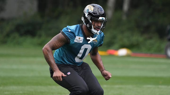 Oct 16, 2024; Watford, United Kingdom; Jacksonville Jaguars wide receiver Gabe Davis (0) during practice at The Grove. Mandatory Credit: Kirby Lee-Imagn Images Oct 16, 2024; Watford, United Kingdom; Jacksonville Jaguars wide receiver Gabe Davis (0) during practice at The Grove. Mandatory Credit: Kirby Lee-Imagn Images