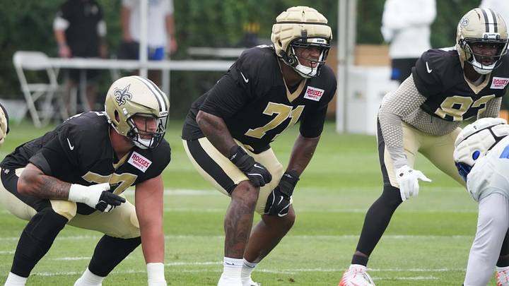 Aug 14, 2025; Carson, CA, USA; New Orleans Saints offensive tackle Kelvin Banks Jr. (71) during a joint practice against the Los Angeles Rams at the Dignity Health Sports Park. Mandatory Credit: Kirby Lee-Imagn Images Aug 14, 2025; Carson, CA, USA; New Orleans Saints offensive tackle Kelvin Banks Jr. (71) during a joint practice against the Los Angeles Rams at the Dignity Health Sports Park. Mandatory Credit: Kirby Lee-Imagn Images