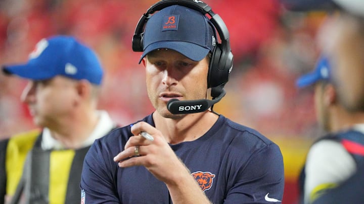 Chicago Bears head coach Ben Johnson on the field against the Kansas City Chiefs during the second half of the game at GEHA Field at Arrowhead Stadium. M