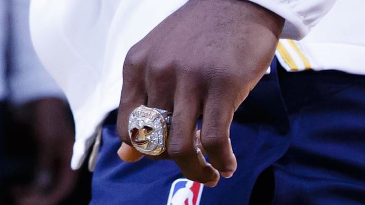 Oct 25, 2016; Cleveland, OH, USA; Detail view of Cleveland Cavaliers forward LeBron James (23) championship ring during the ring ceremony and banner raising ceremony before a game against the New York Knicks at Quicken Loans Arena. Mandatory Credit: Rick Osentoski-Imagn Images
