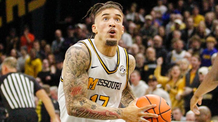Jan 3, 2026; Columbia, Missouri, USA; Missouri Tigers guard Jayden Stone (17) drives to the basket during a game against the Florida Gators at Mizzou Arena.