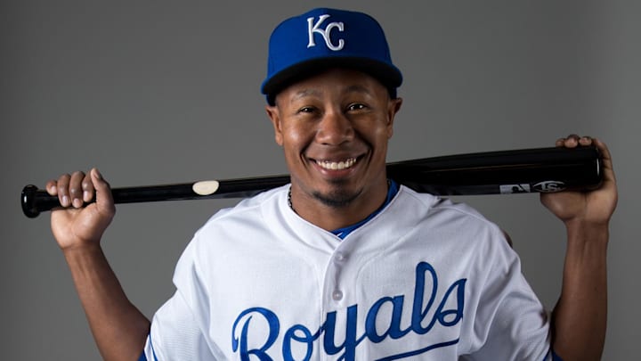 Feb 22, 2018; Surprise, AZ, USA; Kansas City Royals left fielder Terrance Gore (0) poses for a photo during media day at Surprise Stadium. Mandatory Credit: Jerome Miron-Imagn Images