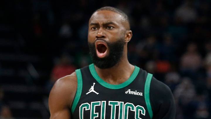 Mar 20, 2026; Memphis, Tennessee, USA; Boston Celtics guard Jaylen Brown (7) and forward Jayson Tatum (0) react during the third quarter against the Memphis Grizzliesat FedExForum. Mandatory Credit: Petre Thomas-Imagn Images