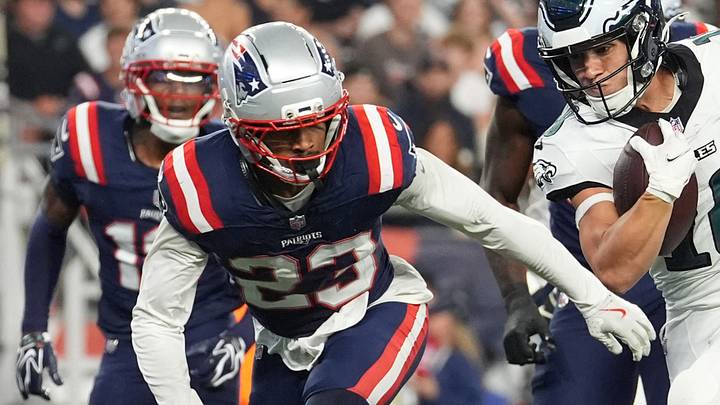 Aug 22, 2026; Foxborough, Massachusetts, USA; Philadelphia Eagles wide receiver Britain Covey (18) scores a touchdown against New England Patriots safety John Saunders Jr. (23) during the first half at Gillette Stadium. Mandatory Credit: Gregory Fisher-Imagn Images Aug 22, 2026; Foxborough, Massachusetts, USA; Philadelphia Eagles wide receiver Britain Covey (18) scores a touchdown against New England Patriots safety John Saunders Jr. (23) during the first half at Gillette Stadium. Mandatory Credit: Gregory Fisher-Imagn Images