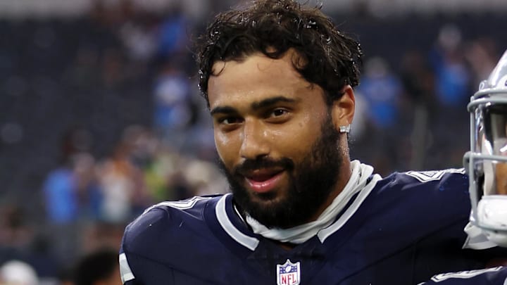 Dallas Cowboys tight end Brevyn Spann-Ford walks off the field after the game against the Los Angeles Chargers 