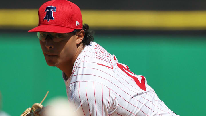 Feb 28, 2025; Clearwater, Florida, USA; Philadelphia Phillies starting pitcher Jesus Luzardo (44) throws a pitch before the first inning against the Boston Red Sox at BayCare Ballpark. Feb 28, 2025; Clearwater, Florida, USA; Philadelphia Phillies starting pitcher Jesus Luzardo (44) throws a pitch before the first inning against the Boston Red Sox at BayCare Ballpark.