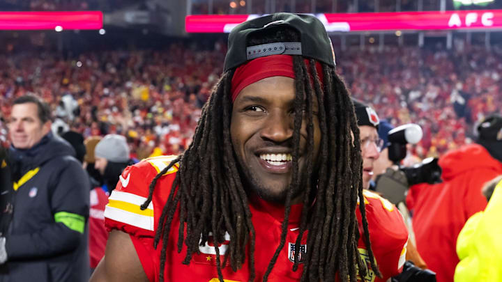 Jan 26, 2025; Kansas City, MO, USA; Kansas City Chiefs linebacker Nick Bolton (32) celebrates after defeating the Buffalo Bills in the AFC Championship game at GEHA Field at Arrowhead Stadium. Mandatory Credit: Mark J. Rebilas-Imagn Images