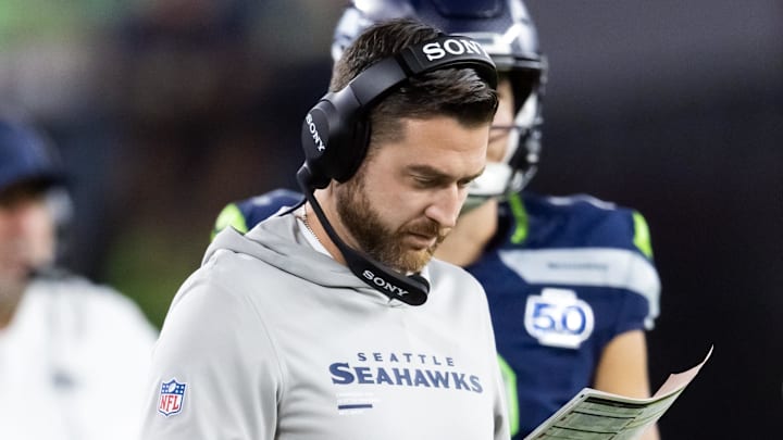 Sep 25, 2025; Glendale, Arizona, USA; Seattle Seahawks quarterbacks coach Andrew Janocko against the Arizona Cardinals at State Farm Stadium.