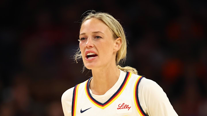 Aug 7, 2025; Phoenix, Arizona, USA; Indiana Fever guard Sophie Cunningham (8) against the Phoenix Mercury during an WNBA game at PHX Arena. Mandatory Credit: Mark J. Rebilas-Imagn Images