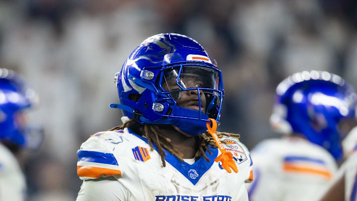Dec 31, 2024; Glendale, AZ, USA; Boise State Broncos running back Ashton Jeanty (2) against the Penn State Nittany Lions during the Fiesta Bowl at State Farm Stadium. Mandatory Credit: Mark J. Rebilas-Imagn Images