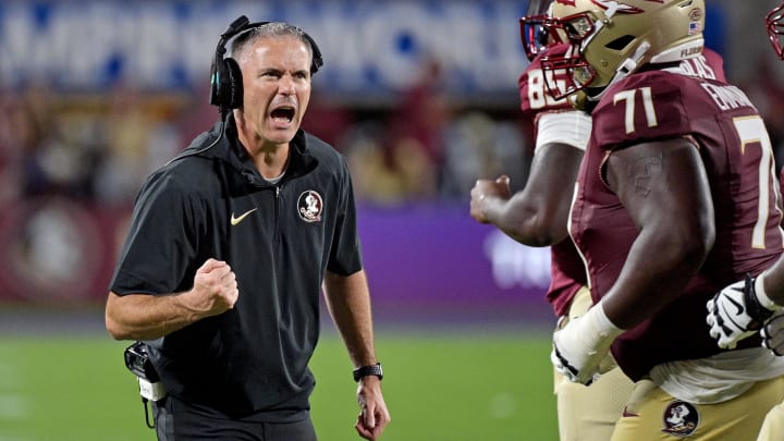 Sep 3, 2023; Orlando, Florida, USA; Florida State Seminoles head coach Mike Norvell is excited during the fourth quarter against the Louisiana State Tigers at Camping World Stadium. Mandatory Credit: Melina Myers-USA TODAY Sports