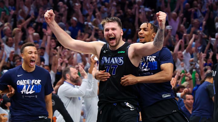 May 18, 2024; Dallas, Texas, USA;  Dallas Mavericks guard Luka Doncic (77) celebrates with teammates after the game against the Oklahoma City Thunder in game six of the second round of the 2024 NBA playoffs at American Airlines Center. Mandatory Credit: Kevin Jairaj-USA TODAY Sports