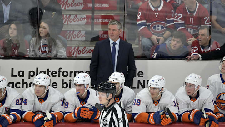 Jan 25, 2024; Montreal, Quebec, CAN; New York Islanders head coach Patrick Roy behind the bench