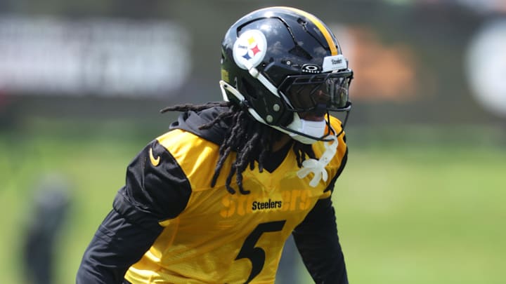 Jul 24, 2025; Latrobe, PA, USA;  Pittsburgh Steelers cornerback Jalen Ramsey (5) participates in drills during training camp at Saint Vincent College. Mandatory Credit: Charles LeClaire-Imagn Images